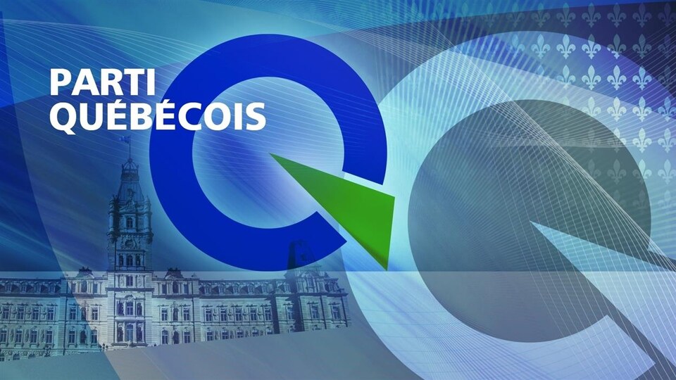 Le logo du Parti québécois avec, en arrière-plan, l'Assemblée nationale et la fleur de lys.