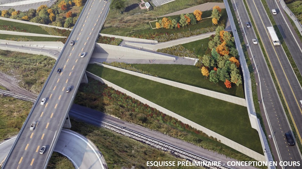 Maquette montrant une vue du haut de la passerelle qui passe sous l'autoroute.