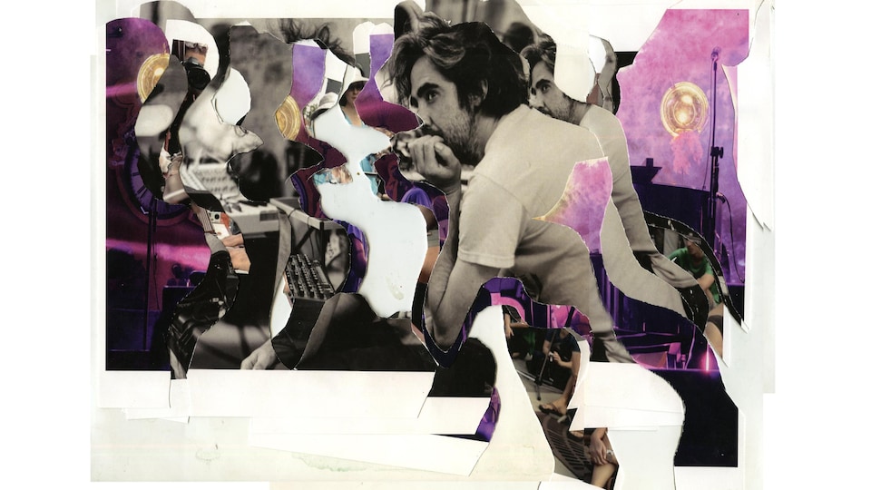 Collage coloré de qui mélange photo de Patrick Watson et bouts de papiers.