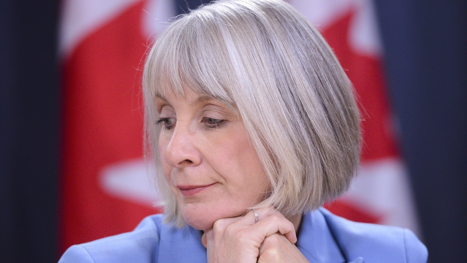 Patty Hajdu de profil devant un drapeau du Canada.