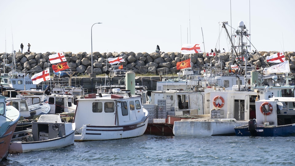 Des bateaux de pêche au quai, la plupart ayant hissé un drapeau d'une nation autochtone.