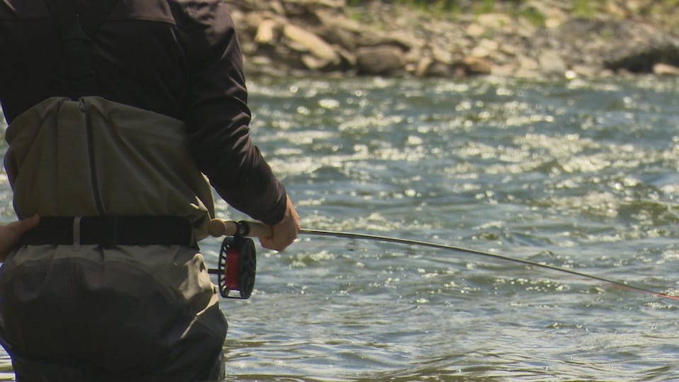 Un homme, que l'on voit de dos, pêche dans une rivière.