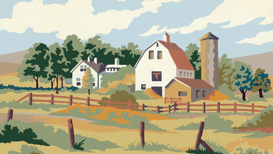 Un tableau représentant une ferme.