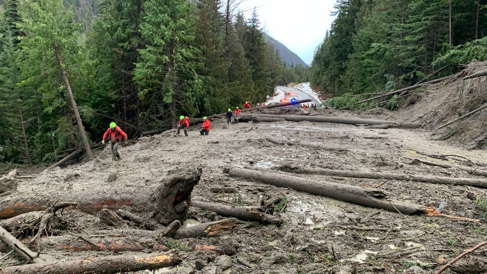 Une route jonchée de débris.