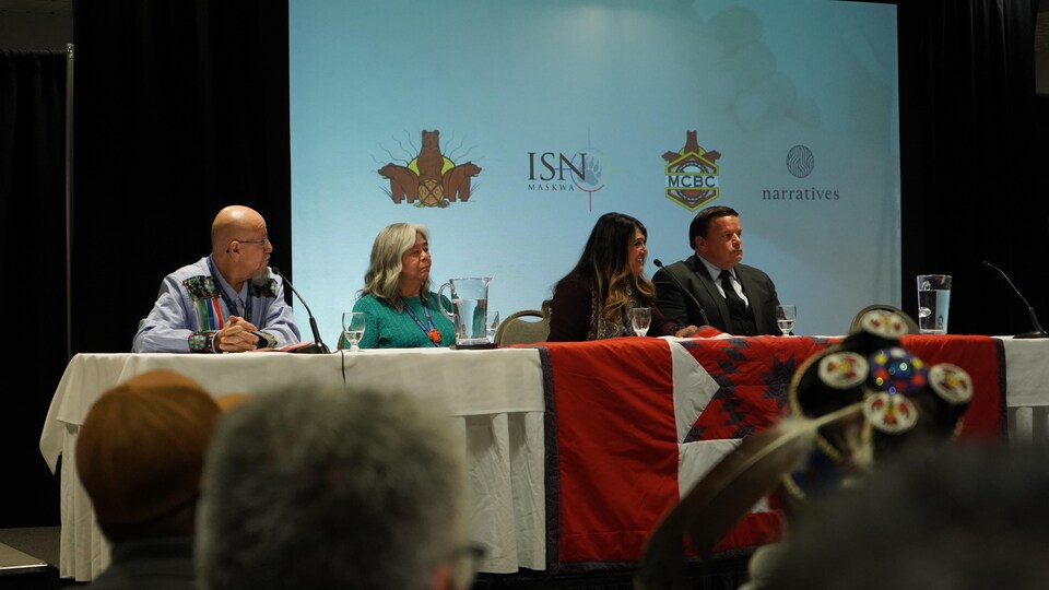 Les Nolan, Lois MacDonald, Somia Sadiq et David Perry lors de leur conférence de presse.