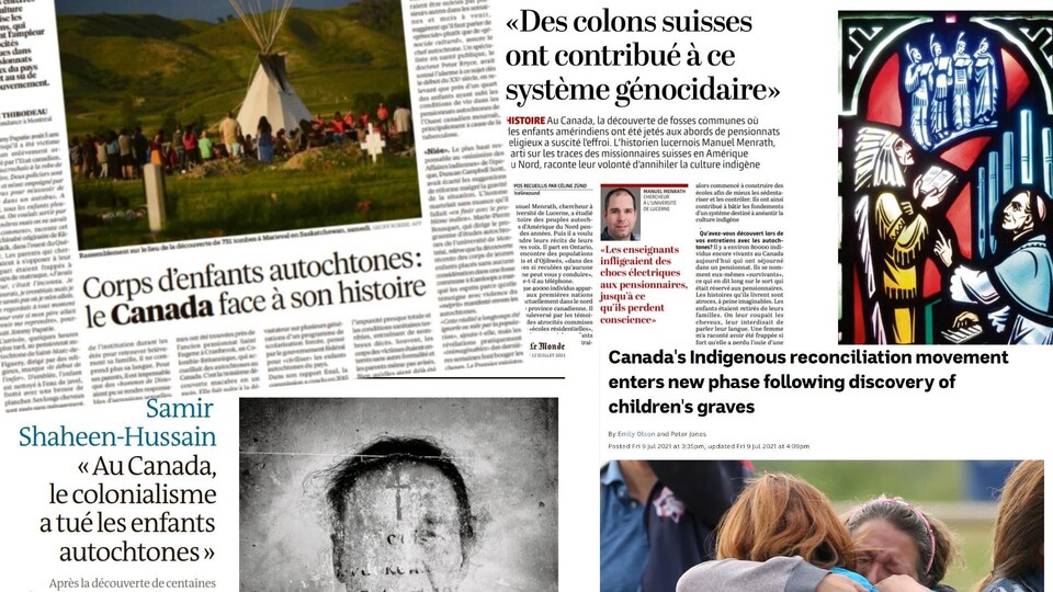 Des pages de journaux internationaux consacrés aux pensionnats pour Autochtones.