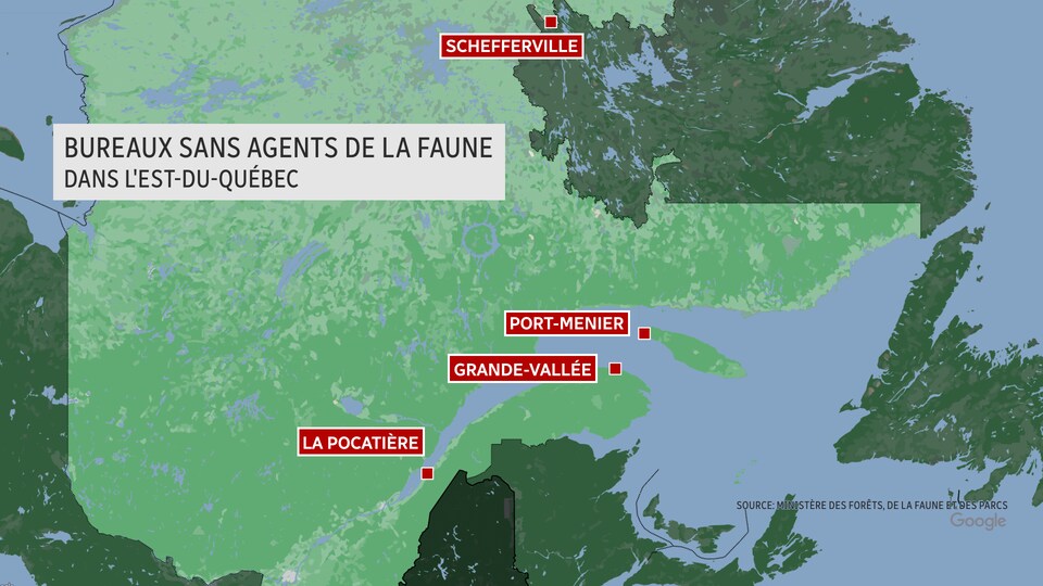Une carte du Québec qui illustre les quatre bureaux sans agents de la faune dans l'Est-du-Québec. 