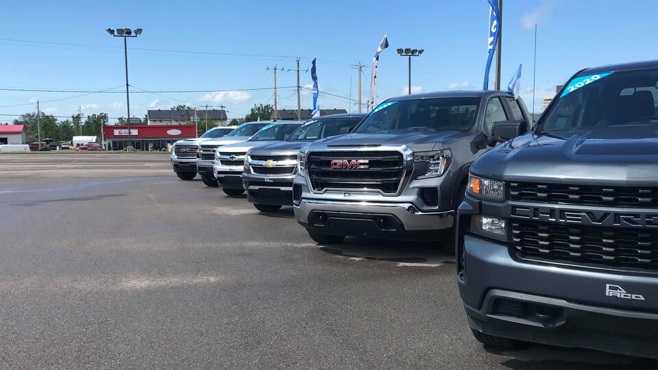 Des camionnettes dans un stationnement de concessionnaire automobile.