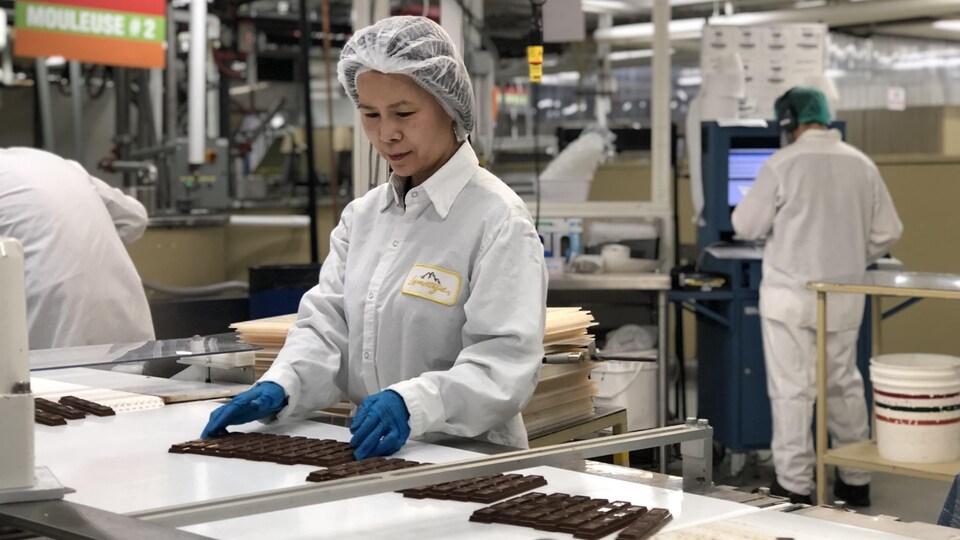 Une femme fait du travail à la chaîne en vérifiant les palettes de chocolat à mesure qu'elles sortent de la machine