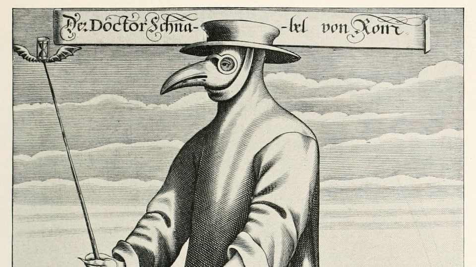 Illustration d'un médecin portant un costume surmonté d'un grand bec, pour se protéger des malades de la peste.