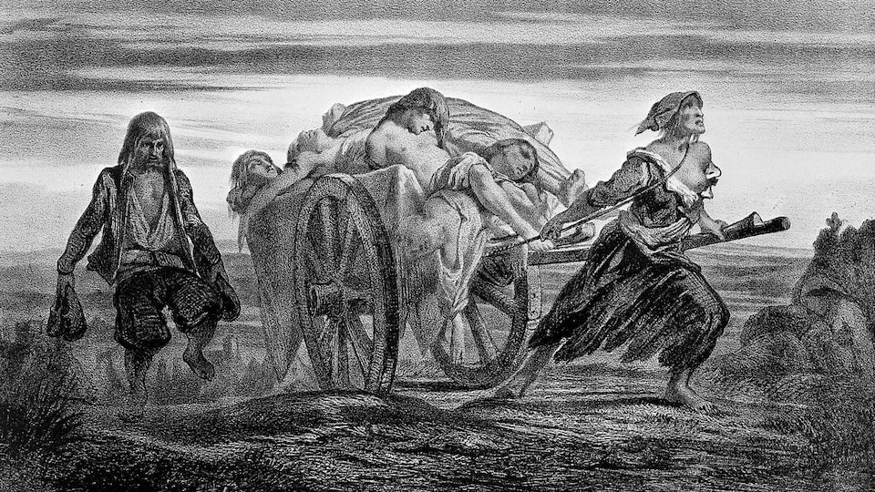 Illustration d'une femme tirant des corps entreposés sur une charrette.