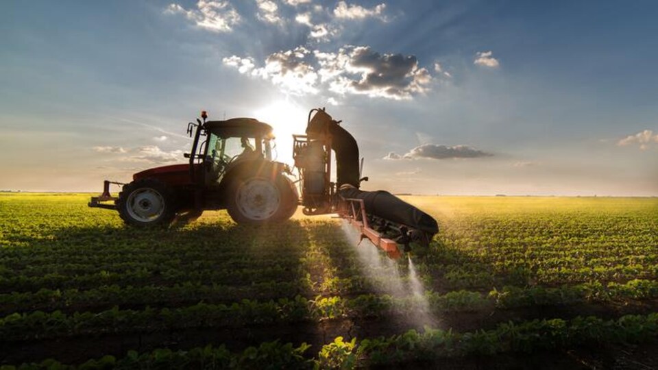 Un tracteur épand des pesticides sur un champ de soya. Il cache le soleil.