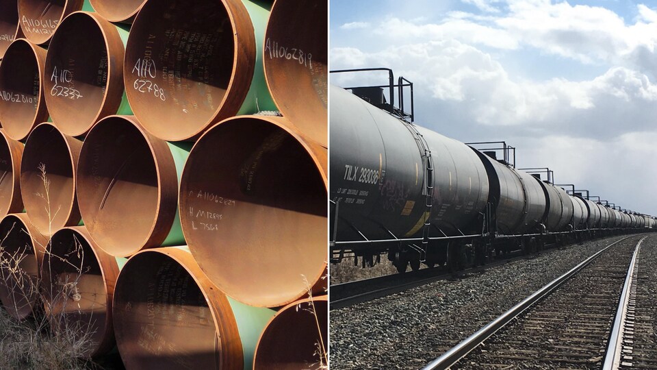 Un train de wagons de pétrole et une section de l'oléoduc Keystone XL.