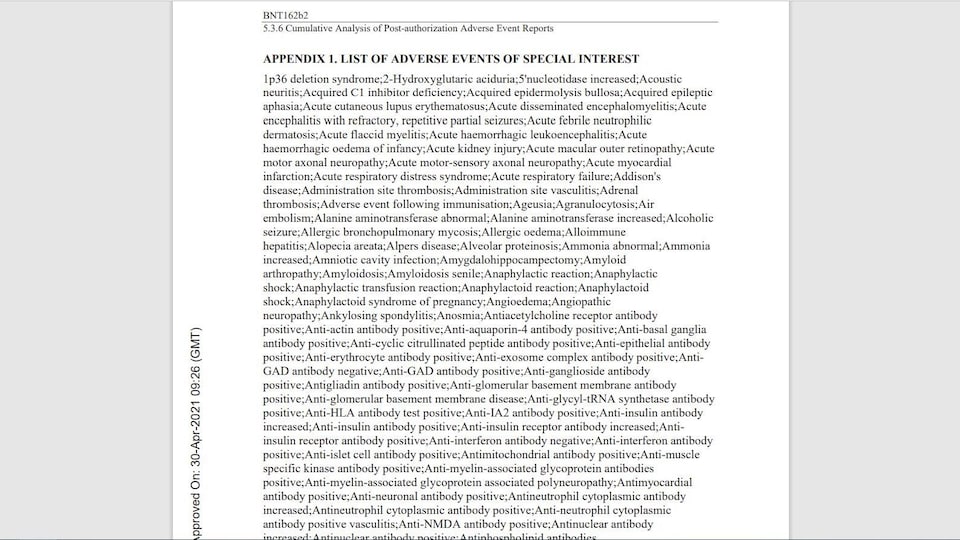 A screenshot of a document with a long list of side effects.