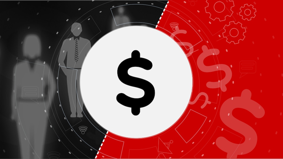 Une image noir et rouge avec un signe de dollar qui représente le système de paye Phénix.