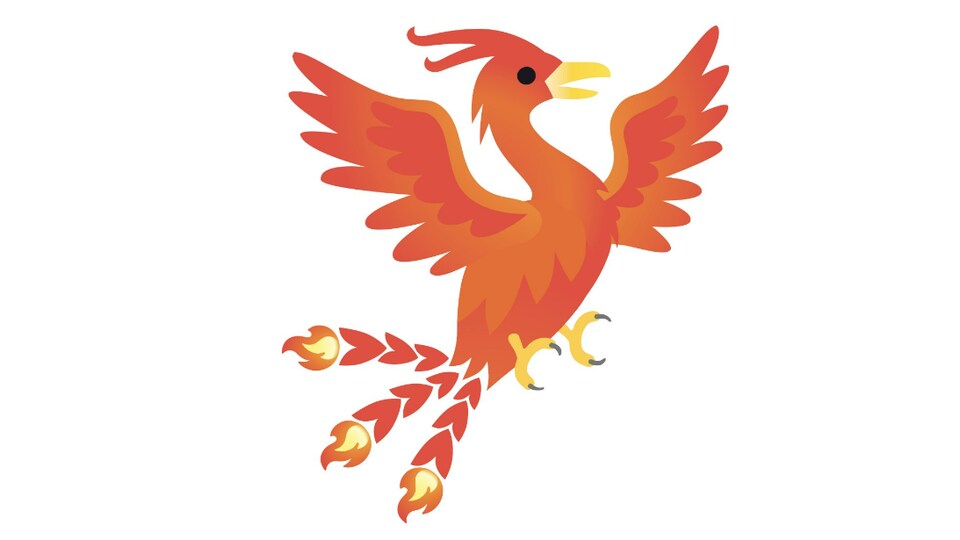 Illustration d'un oiseau orange qui déploie ses ailes, avec la queue en feu. 