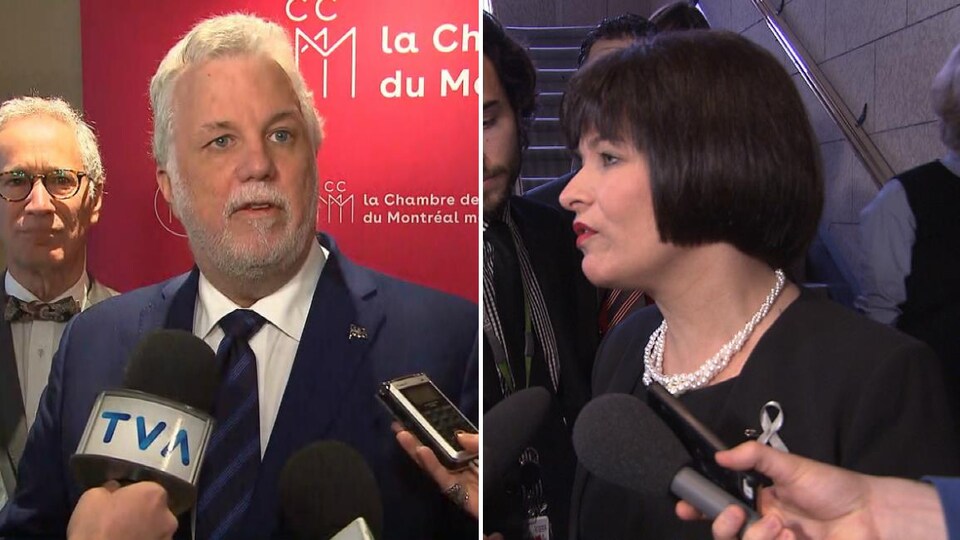 Montage représentant le premier ministre du Québec, Philippe Couillard, lors d'un point de presse à la Chambre de commerce du Montréal métropolitain, et la ministre fédérale de la Santé, Ginette Petitpas Taylor, lors d'un point de presse dans un couloir de la Chambre des communes.