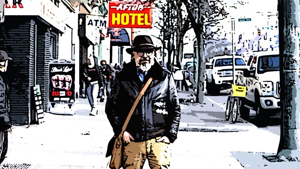 Pierre Martineau dans une rue de Vancouver en format illustration.