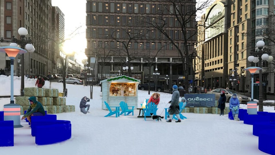 Maquette d'une place éphémère intallée à la Place D'Youville, avec un feu pour se réchauffer, des bancs et une petite boutique