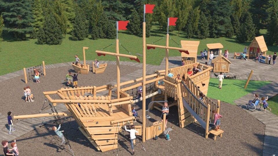 Une visualisation du projet de parc, avec un bateau en bois et des maisonnettes.