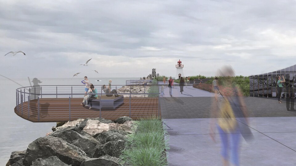Aménagements, un quai, des passants, espaces verts.