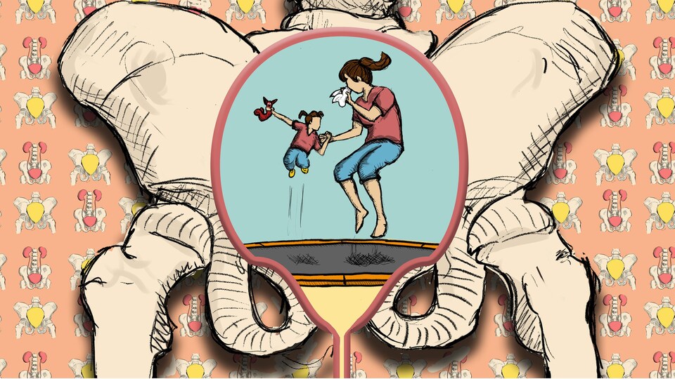 Illustration d'un squelette de plancher pelvien avec au centre une femme et une fillette qui sautent.