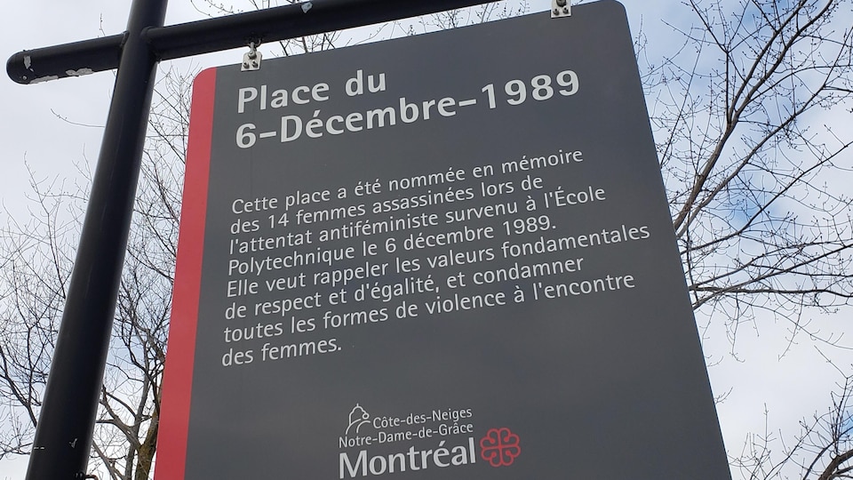 Il est écrit sur le panneau : « Cette place a été nommée en mémoire des 14 femmes assassinées lors de l'attentat antiféministe survenu à l'École polytechnique le 6 décembre 1989. Elle veut rappeler les valeurs fondamentales de respect et d'égalité, et condamner toutes les formes de violence à l'encontre des femmes. »