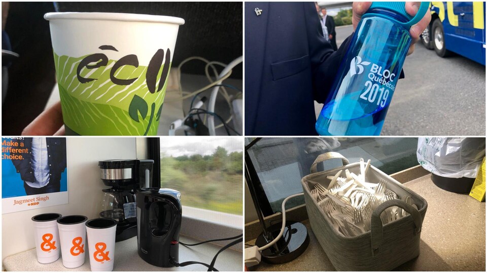 Quatre photos montrent un verre en carton sur lequel on peut lire « éco », une gourde réutilisable du Bloc québécois, des tasses réutilisables du NPD et un panier contenant des fourchettes en plastique.