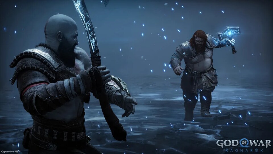 Une capture d'écran du jeu God of War Ragnarok ou l'on voit Kratos sur le point d'affronter un ennemi. 