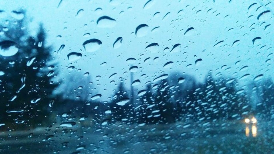 Des gouttes de pluie sur un pare-brise.