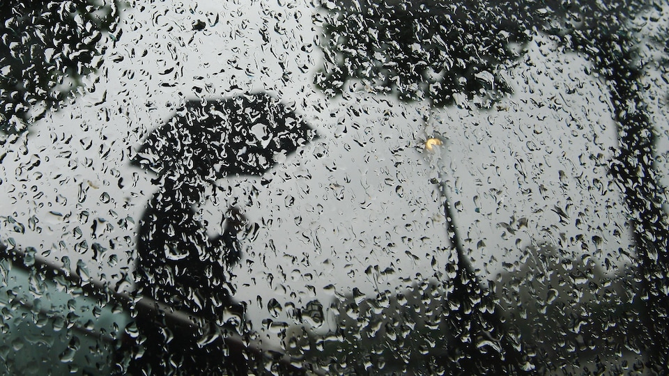 Un homme marche avec un parapluie derrière une vitre pleine de gouttes.