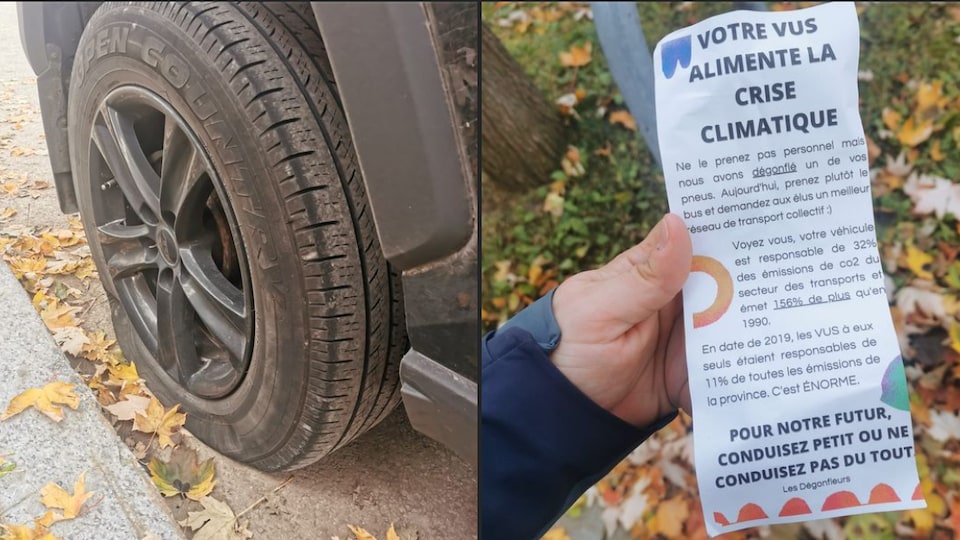 Montage de deux photos. À gauche, un pneu dégonflé, À droite, le papier où il est inscrit « Votre VUS alimente la crise climatique ». 