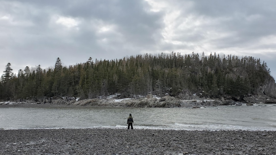 En hiver, un enfant regarde l'île du Massacre à la Pointe-aux-Anglais du Bic.