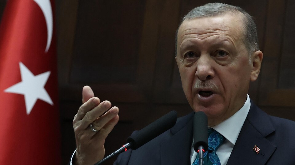 Le président turc Recep Tayyip Erdogan parle dans deux micros, devant un drapeau turc.