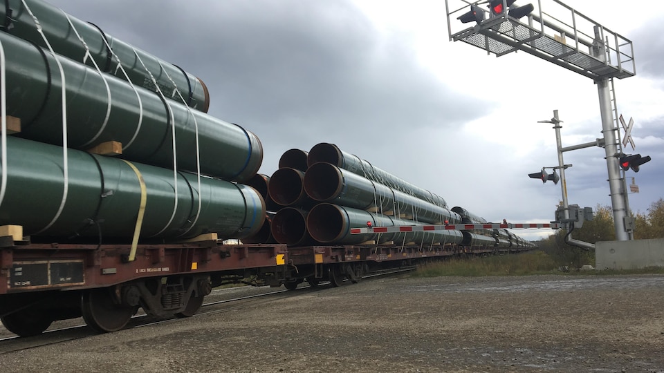 Un train chargé de tuyaux destinés aux pipelines traverse un passage à niveau.