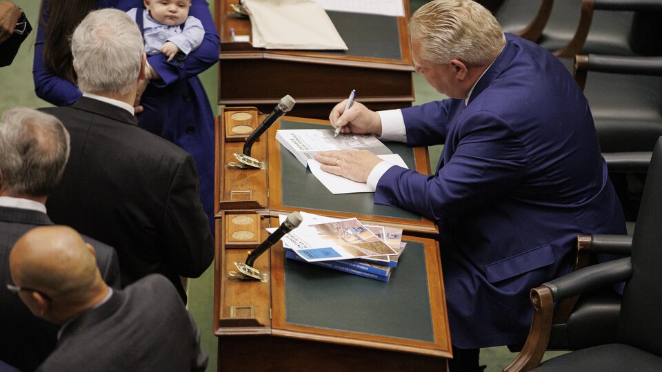 Le premier ministre de l'Ontario, Doug Ford, signant une copie du budget.