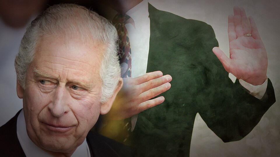 Un montage montrant le roi Charles et la silhouette d'un homme qui met une main sur son coeur et une main devant lui en prêtant serment.