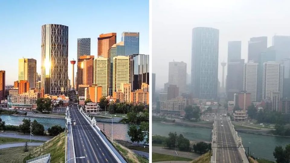 Le centre-ville de Calgary lors d'une journée claire la semaine dernière à gauche et sous une couverture de fumée lundi, à droite.