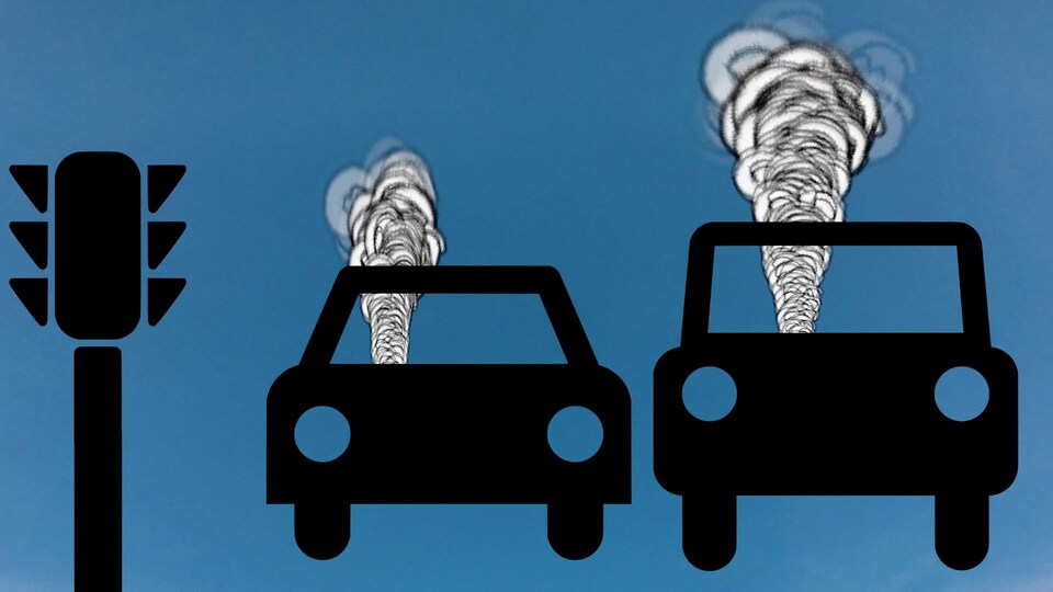 Dessin montrant deux voitures desquelles s'échappe un nuage de fumée.