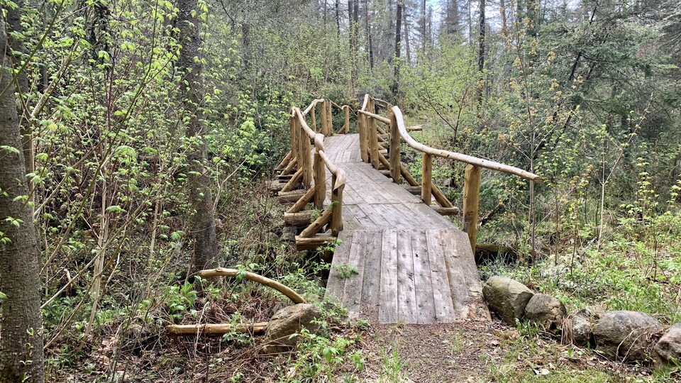 Une traverse en bois dans un sentier de randonnée.