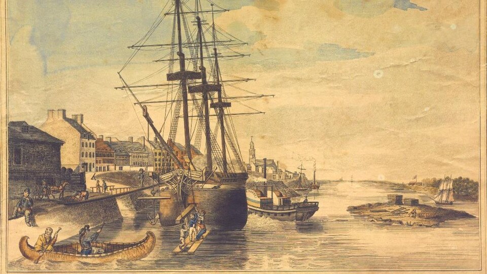 Illustration du port de Montréal en 1830. On y représente à gauche des bateaux accostés au port, des canots, et des bâtiments en bordure des quais. À droite, l'île Sainte-Hélène.