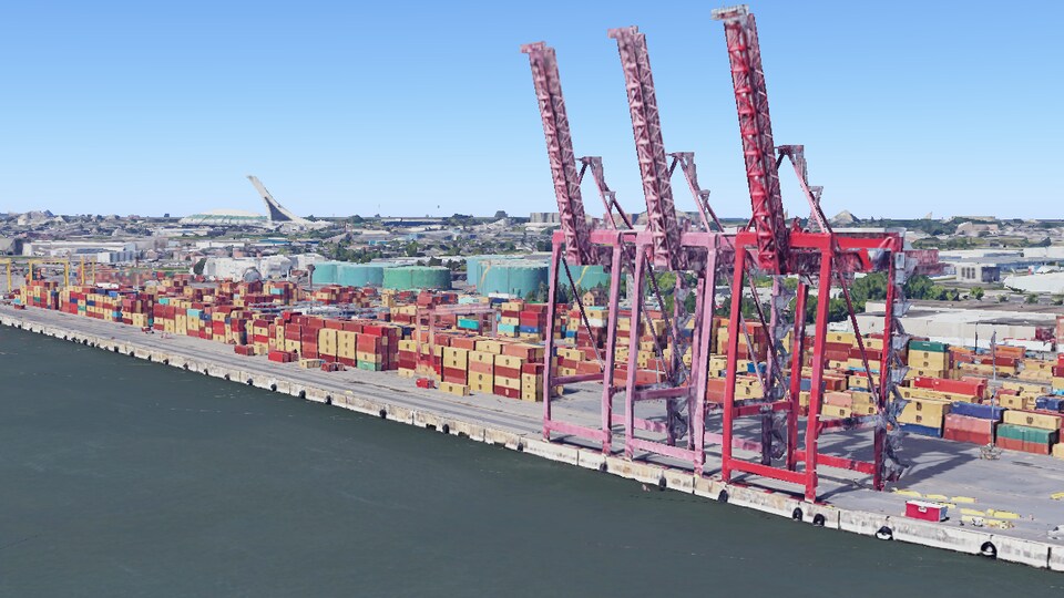 Une représentation en trois dimensions d'installations portuaires comprenant des grues et des conteneurs.