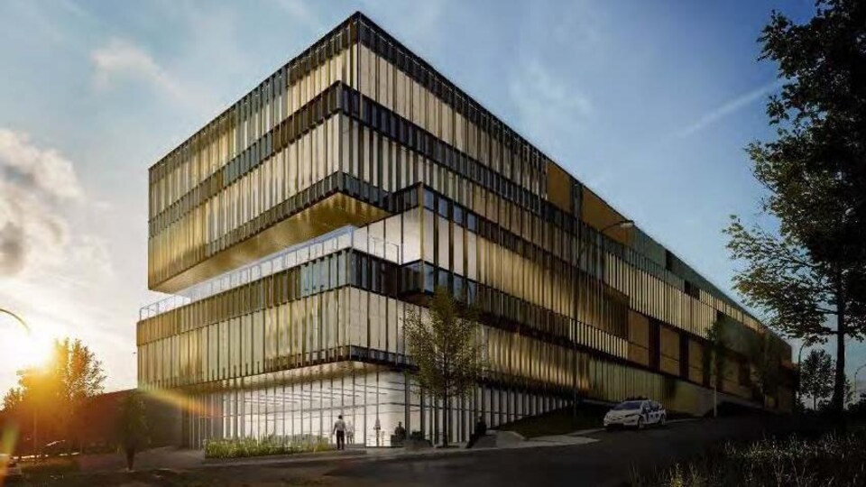 Esquisse montrant un bâtiment de style contemporain de plusieurs étages. Il est entièrement vitré.