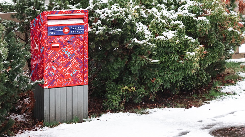 Boîte aux lettres près d'une haie et d'un trottoir couvert d'une mince couche de neige.