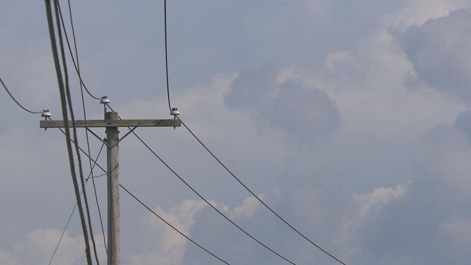 Ligne électrique sur un poteau en bois d'Hydro-Québec