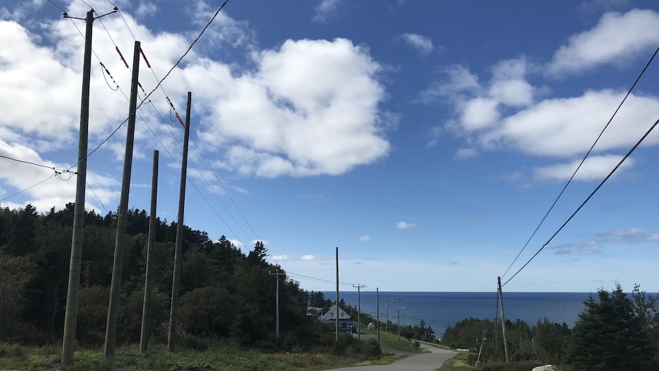 Une route bordée par des poteaux et des fils électriques avec le fleuve Saint-Laurent en arrière-plan.