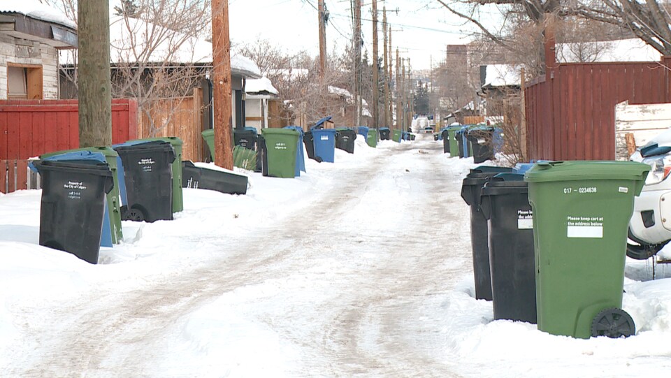 Des poubelles bleues, vertes et noires attendent d'être ramassées dans une ruelle de Calgary.