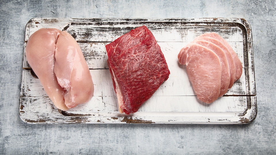 On voit, de haut, des poitrines de poulet, un morceau de boeuf et des côtelettes de porc.