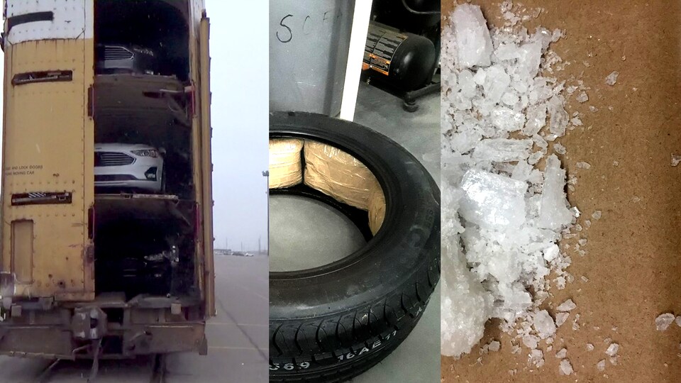 Collage photo : un wagon avec des véhicules, un pneu rempli de drogue et de la drogue.