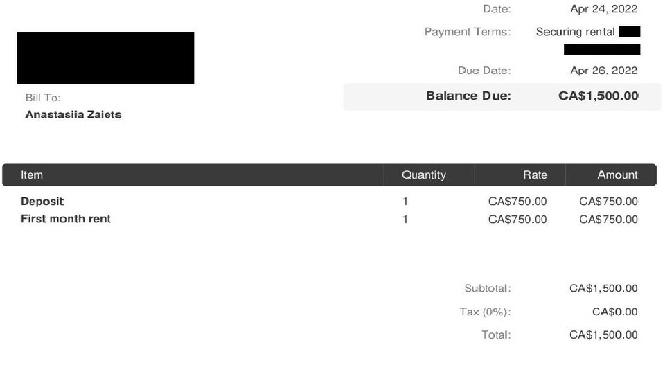 A screenshot of proof of payment for renting accommodation.